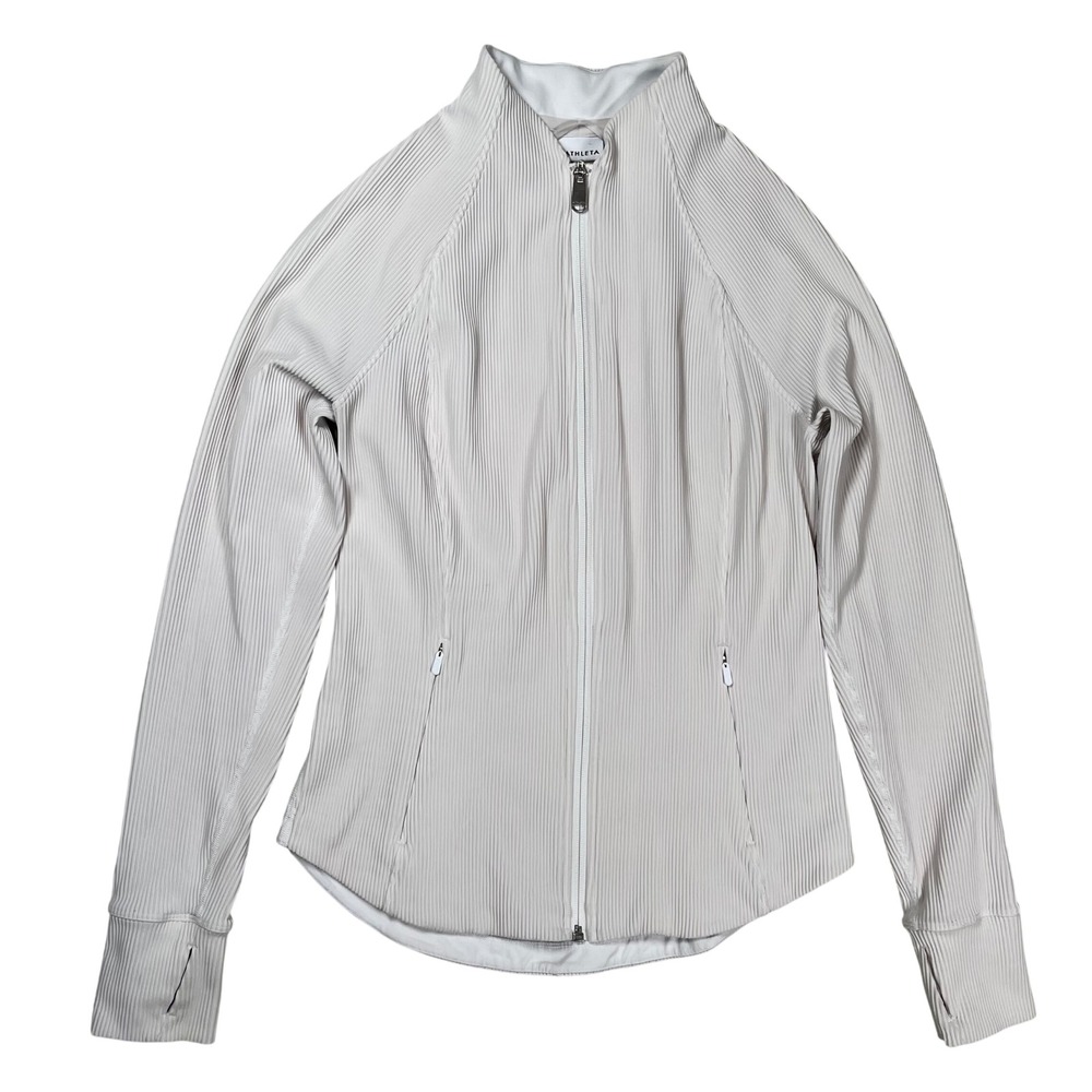 Athleta Salutation Full Zip Jacket Women Medium Off White Ribbed Thumbhole Sport